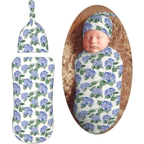 Hydrangea Flower Newborn Swaddle Blankets Hat Sets Soft Baby Receiving Blanket Swaddle Sack for Baby Shower Infant Boy Girl Gift