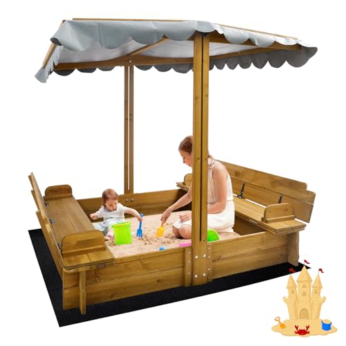 Kids Sandbox with Lid, Wooden Sand Box with Cover Outdoor, UV-Protection & Natural Wood, Foldable Bench Seat, Adjustable Canopy, Sand Box for Kids Ages 2-847x47in