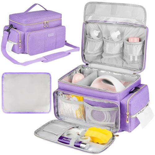 Breast Pump Bag Compatible with Spectra S1 and S2 with Insulated Compartment,Breast Pump Storage Bag with Water Resistant Mat for Pumping Essentials,Purple,Bag Only