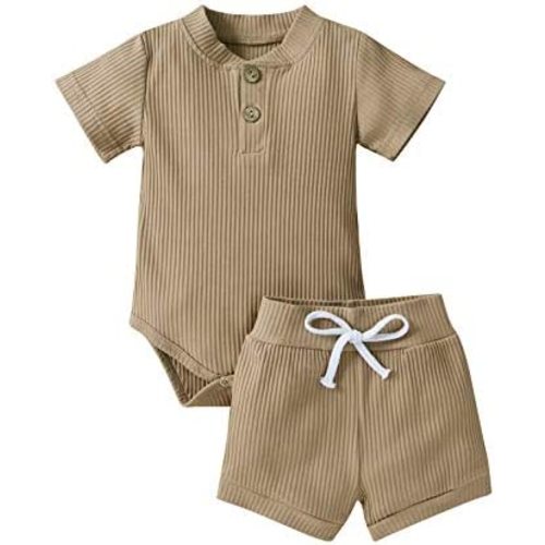 Ledy Champswiin Summer Newborn Baby Boy Girl Clothes Set Ribbed Outfits Unisex Infant Solid Short Sleeve Tops Shorts 2PCS