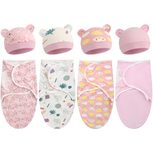 Buryeah 4 Pack Preemie Swaddle Blanket Wrap Set with Hat for Baby Boys Girls 3-7 Lbs Preemie Newborn Clothes Sleepers Cap