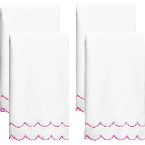4 Pcs100% Cotton Hand Towels for Bathroom,15.75 x 27.56 Inch Scalloped Hand Towels Embroidered Decorative 500 GSM Soft Absorbent Bath Towel for Bathroom Hotel Spa Sport Yoga (Pink)