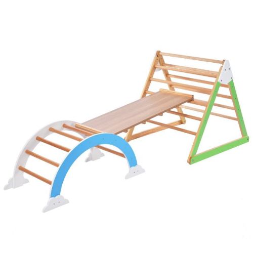 Wooden Climbing Triangle Toys - Indoor Arc Climber Jungle With Ramp And Arch Toy Rocker, Reversible Multifunction Playset Natural Wood Playground