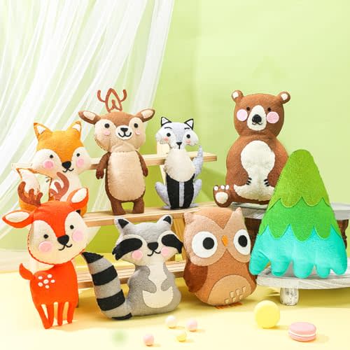 Hollowfly 8 Pcs Safari Stuffed Animals Felt Jungle Stuffed Woodland Animals 7.5-9.5 Inch Cute Bear Deer Fox Moose Owl Tree Raccoon Wolf Forest Animals Toys for Baby Shower Birthday Nursery Gifts