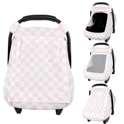 Summer Baby Car Seat Cover, Muslin Carseat Cover for Infant Boys Girls with Large Mesh Window, Breathable Newborn Car Seat Canopy, Pink Checkerboard