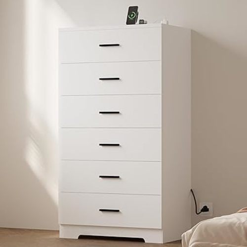 Cómoda de 48 pulgadas de alto para dormitorio, cajonera con tomas de corriente, 6 cajones de madera con gran espacio de almacenamiento y manijas de metal, cajón de almacenamiento moderno para