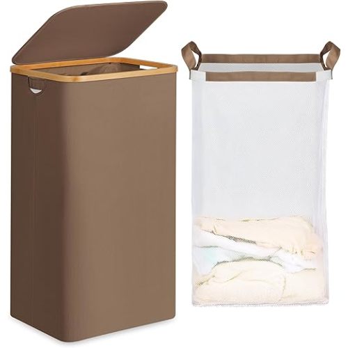 efluky 26 Gal Laundry Basket with Lid and Net Bag, Tall Laundry Hamper with Bamboo Handles, Aesthetic Dirty Clothes Bin for Laundry Room, Bathroom, Bedroom and Dorm, Brown