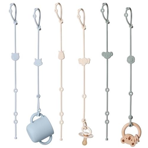 ROCCED Toy Straps for Baby 6pcs, Silicone High Chair Toys Straps Stroller Accessories Toddler Bottle Strap Car Seat Toys Baby Travel Essential Silicone Ivory+Sage+Blue