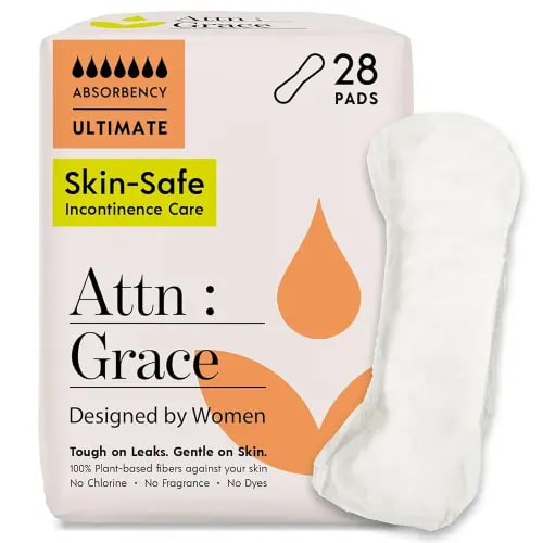 Attn: Grace Ultimate Incontinence Pads for Women, 28-Pack - High Absorbency, Breathable, Plant-Based - Overnight Pads for Heavy Bladder Leaks & Sensitive Skin