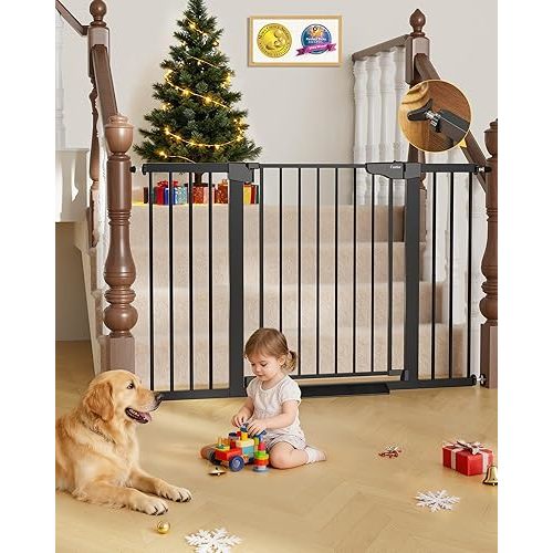 Cumbor 29.7"–51.5" Extra Wide Baby Gate for Stairs, Pressure-Mounted Dog Gates for Doorways & Hallways, Auto-Close Walk-Through, No-Trip Design, Child Proof Safety, Dog/Pet Gate for Indoor Use, Black