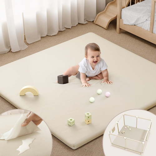 Baby Play Mat, Caveen Vegan Leather Baby Floor Mat Playpen Mat, Thicken Soft Crawling Mat for Infant, Wipe-Clean, 50"x 50", Beige