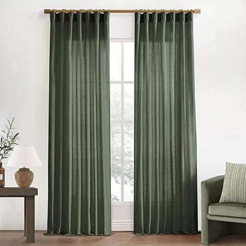 XTMYI Olive Green Linen Boho Curtains for Living Room 84 Inch Length 2 Panels Set,Back Tab Hooks Long Window Treatments Curtain Drapes,Light Filtering Semi Sheer for Bedroom Aesthetic Neutral Decor