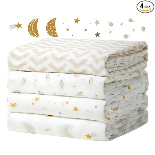 Muslin Swaddle Blankets, 4-Pack Breathable and Skin-Friendly Receiving Blankets, Best Wishes Swaddle Blanket Shower Gifts & Baby Registry Essentials, Large 47"x47", Stellar Orbit