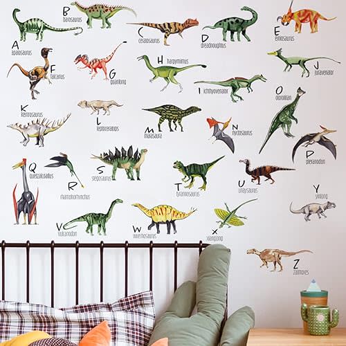 Runtoo Dinosaur Wall Decals Alphabet Wall Stickers for Kids Bedroom Nursery Classroom Boys Girls Wall Decor