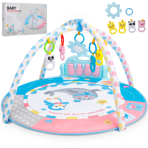 Tummy Time Mat, Campmoy 5-in-1 Baby Play Gym, Kick and Play Piano Gym with 5 Infant Learning Sensory Baby Toys, Extra Large Thickened and Non Slip Mat Washable for Newborn Babies
