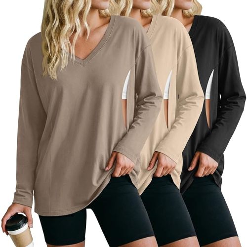 Sweetyweee 3 Pack Women's Oversize Nursing Shirts for Breastfeeding with Hidden Zippers Loose Fit Long Sleeve Maternity Tops