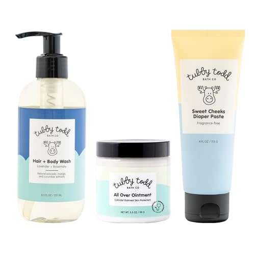 TUBBY TODD Baby Bundle Newborn Skin Care Set - Hypoallergenic Hair + Body Wash, All Over Ointment with Colloidal Oatmeal, Sweet Cheeks Diaper Paste - Lavender Rosemary, Standard Size