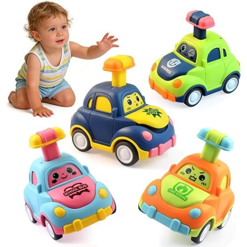 soi-meme 4 Pack Press and Go Car Toys for Toddlers 1-3 Year Old Boys, Easy Push Down Action, Certified CPSC- Learning Cause Effect Toddler Toy, Gifts for 1+ Year Old Baby Boy Girl