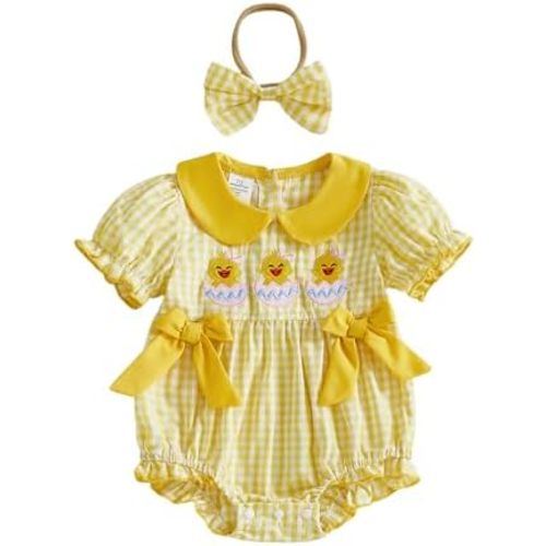 My First Easter Baby Girl Outfit Newborn Chick Onesie Short Puff Sleeve Bubble Romper Infant Clothes for Girls