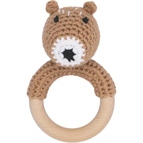 Joliecraft Woodland Friends Baby Rattle Shaker Toy with Wooden Teething Ring for Infants 3 6 9 12 Months Brown Bear