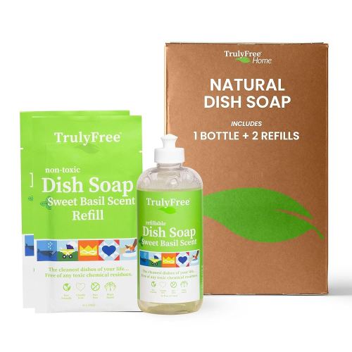 Natural Concentrated Dish Detergent Dishwashing Liquid | Plant-Based Dish Soap | Sweet Basil Fresh Scent | 2 Refill Packs with 1 Empty Refillable Squeeze Bottle (16 Oz)