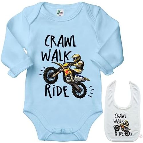 Crawl Walk Ride -Cute Motorcycle Shirt Newborn Baby Bodysuit Outfit Onesie & Bib