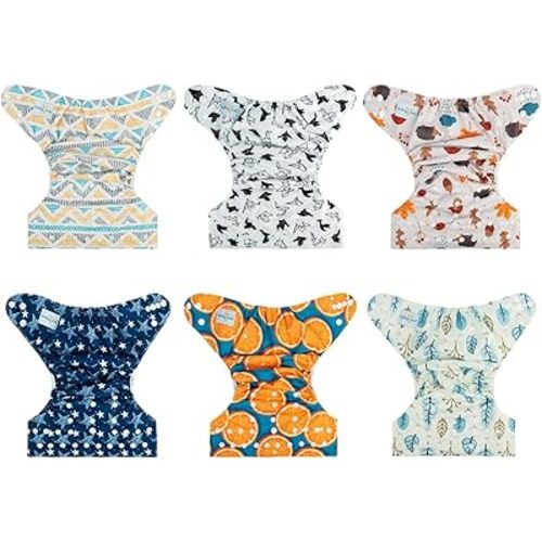 babygoal Cloth Diaper Covers 6 Pack with Wet Bag for Fitted Diapers and Prefolds with Double Gussets, Adjustable and Reusable for Baby Boys 6DCF05
