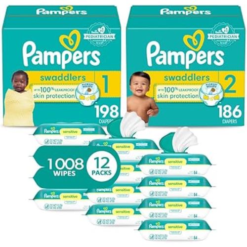 Pampers Baby Diapers and Wipes Starter Kit, Swaddlers Disposable Baby Diapers Sizes 1 (198 Count) & 2 (186 Count with Sensitive Water Based Baby Wipes 12 Flip-Top Packs (1008 Wipes Total)