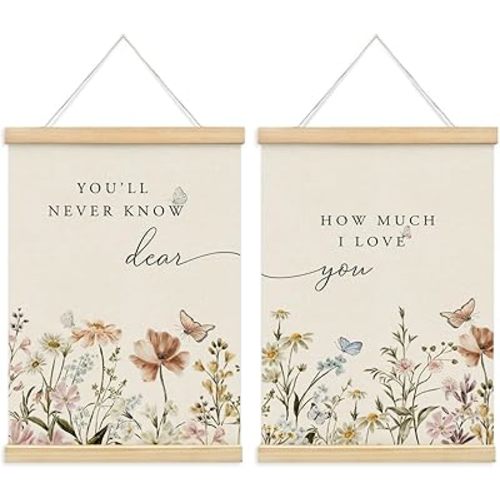 ETYZE Girls Room Wall Art Posters Wood Framed Hanger, Boho Flowers Canvas Wall Decor, Nursery Kids Bedroom Wall Decor Set of 2, You'll Never Know How Much I Love You, 12x16 Inch