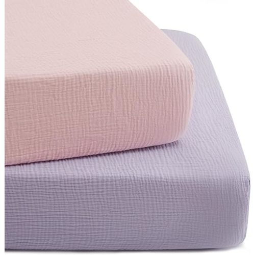 TILLYOU 2 Pack Muslin Crib Sheet for Boys and Girls - 100% Cotton Fitted Crib Sheet for Toddler Standard Crib Mattress, Soft and Breathable, 52"x28"x8",Light Purple&Light Pink