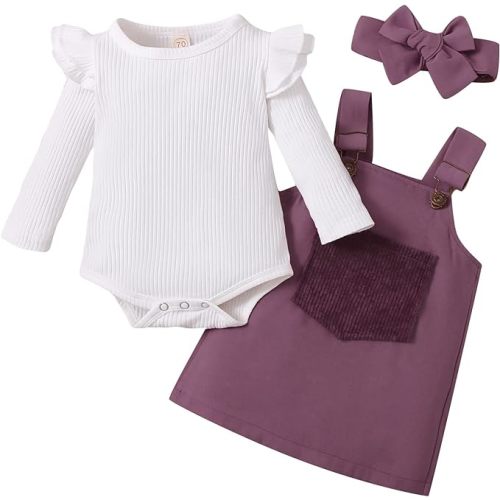 Kupretty Newborn Baby Girl Fall Clothes Ruffle Long Sleeve Ribbed Romper Suspender Skirts Headband Infant Winter Outfit - Plain White Purple