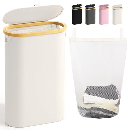 Slim Laundry Hamper with Lid, 60L Small Laundry Basket with Handles&Removable Bag, Thin Dirty Clothes Hampers for Laundry, Narrow Laundry Hampers for Bedroom Aesthetic, Beige