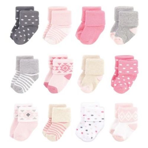 Hudson Baby Infant Girl Cotton Rich Newborn And Terry Socks, Pink Gray Aztec, 6-12 Months