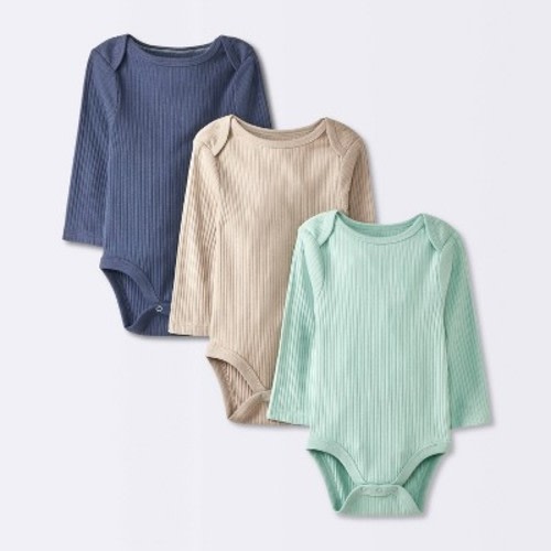 Baby 3pk Solid Long Sleeve Wide Ribbed Bodysuit - Cloud Island™ Blue 6-9M