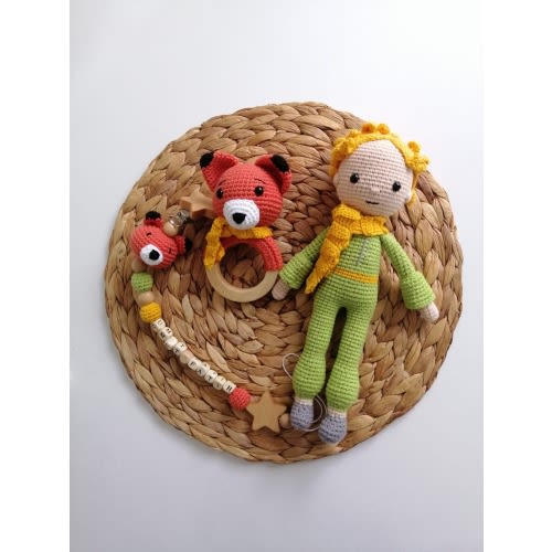 Personalizable little Prince pacifier chain set, Amigurumi finished little prince, Babyshower gift set, Handmade baby gift, Christmas gift