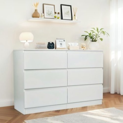 CASEMIOL Dresser with 6 Wide Drawers, Wood Chest of Drawers with Concealed Handles, Modern Storage Closet Unit for Bedroom, Living Room, Entryway, White