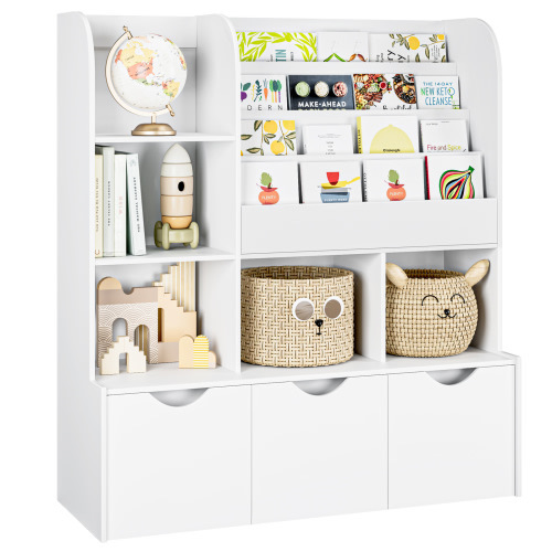 Homfa Kid's Bookshelf with 3 Movable Drawers, 5-Cube Bookcase with 4-Tier Display Stand, Toy Storage Organizer for Bedroom Playroom, White