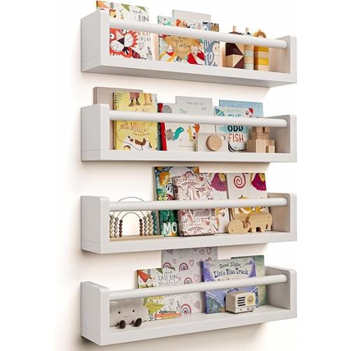 Nursery Book Shelves, Set of 4 - Kids Wall Bookshelf, Floating Book Shelf for Kids Room, Baby Room, Toddler Bedroom, Playroom & Nursery Decor