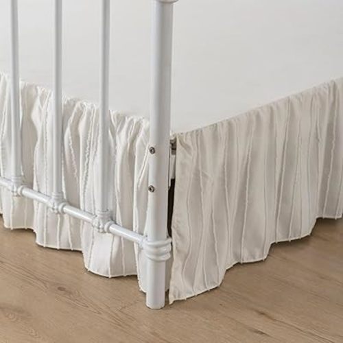 Boho Tufted Bed Skirt Twin Size- 14 Inch Drop Dust Ruffle Bed Skirts with Platform, Twin Size Bed Skirt Ruffled with Split Corners, Striped, Ivory, 14'' Twin
