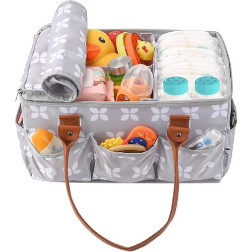 Moteph Diaper Caddy Organizer - Baby Caddy with Lid & Changing Mat, Car Diaper Caddy, Large Nursery Storage Diaper Tote Basket for Changing Table - Grey