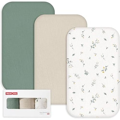 Gllquen Baby 3-Pack Muslin Cotton Bassinet Sheets, 33"x20" Fitted Crib Sheets for Bedside Sleeper & Travel Crib, Oeko-TEX Certified Soft Breathable Sheets, Easy On/Off (Leafy Green)