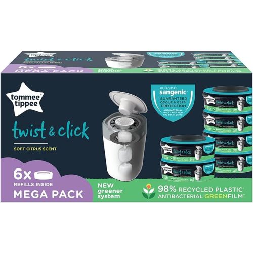 Tommee Tippee Twist and Click Advanced Nappy Bin Refill Cassettes, Pack of 6, each 10.5 metres, Multilayer, Antibacterial Film (6 X 10.5m)