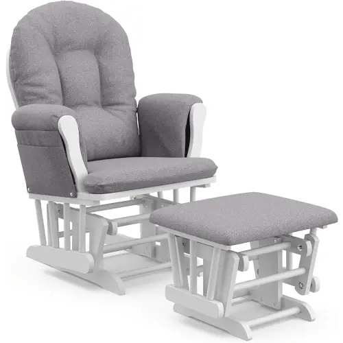 Storkcraft Premium Hoop Glider and Ottoman (White Base, Gray Swirl Cushion) – Padded Cushions with Storage Pocket, Smooth Rocking Motion, Easy to Assemble, Solid Hardwood Base
