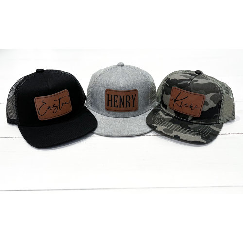 Baby/Toddler (ages 0-2) Leatherette Name Patch Flat Brim Trucker Hats | adjustable | gift ideas | new baby gift | baby hat | personalized