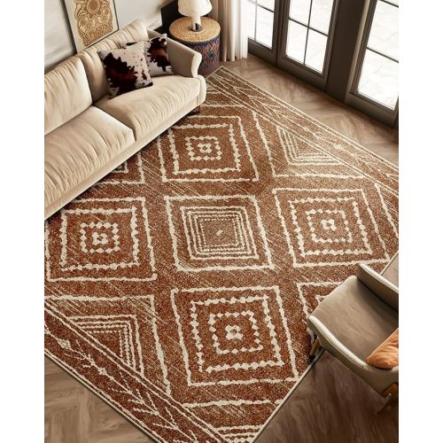 Area Rug 6x9 Rug Machine Washable Non-Slip Low Pile Print Pattern Western Rug for Living Room Bedroom Entryway-Yellowbrown/Cream