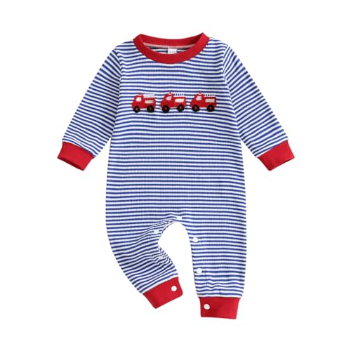 Sasaerucure Newborn Baby Boy Fall Outfit Waffle Knit One Piece Clothes Crewneck Fire Trucks Long Sleeve Romper Jumpsuit