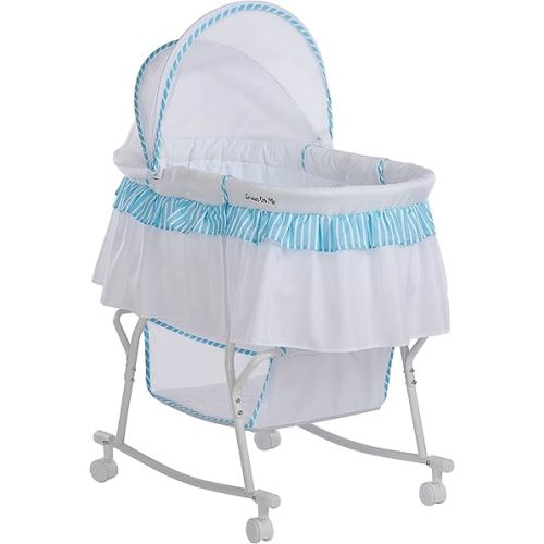 Dream On Me Lacy Portable 2-in-1 Bassinet & Cradle in Blue and White, Lightweight Baby Bassinet with Storage Basket, Adjustable and Removable Canopy