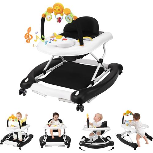 Baby Walker with Wheels, 5 in 1 Baby Walkers for Boys Girls 6-12 Months, Foldable Walker Baby with Bouncer & Feeding Tray, Music, Adjustable Heights