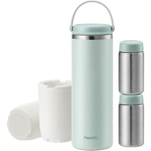 Papablic Innovative 360° CapsuleChill Breastmilk Cooler for 36H Safe Storage, 20oz Stress-Free Portable Breast Milk Chiller with 2pcs Stainless Steel Baby Bottles for Work & Travel, Mint Green