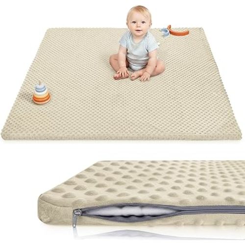 Huloo Sleep Baby Floor Play Mat for Playpen, Extra Thick 50"x50" Padded Mat with Ultra Soft 3D Minky Dot & Removable Washable Cover, Non-Slip & Safe for Crawling,Tummy Time,Infant/Toddler(Beige)